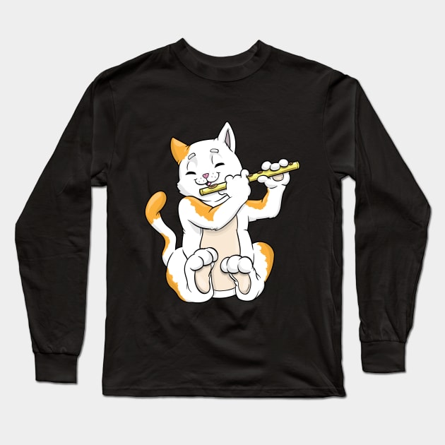 Cat as musician with flute Long Sleeve T-Shirt by Markus Schnabel